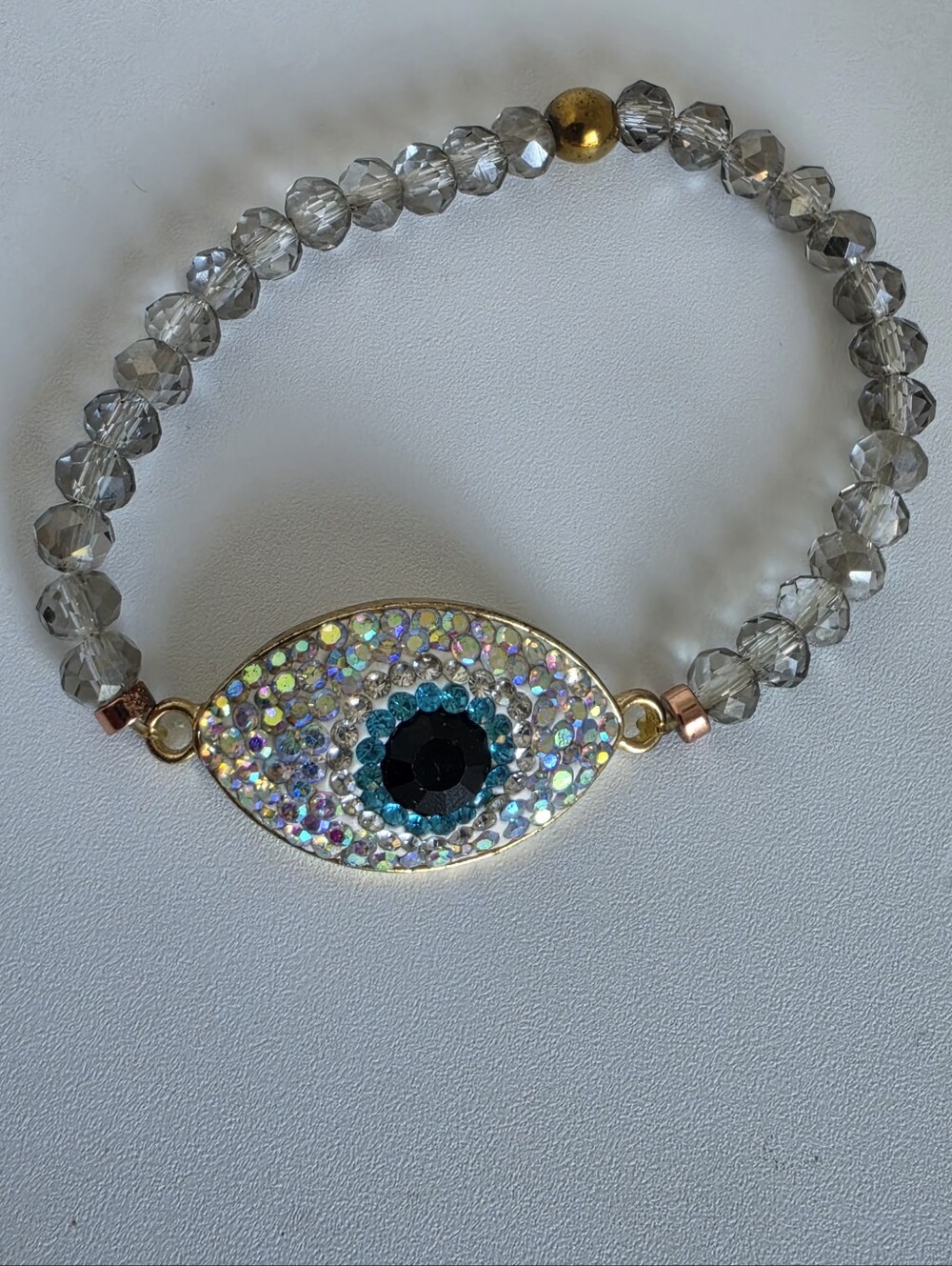 Handmade Evil Eye Stretch Bracelet Gray Crystal Beaded  Protection Charm - Picture 5 of 5